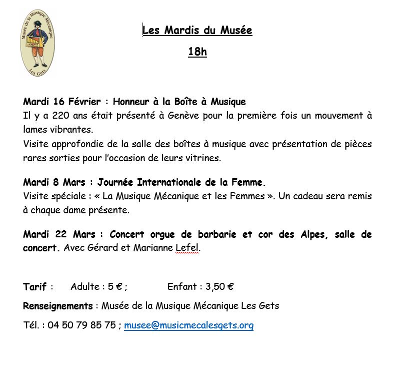 Programme des Mardis du Musee des Gets du 16 Fevrier au 22 Mars 2016